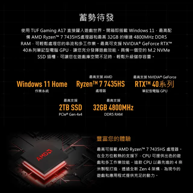 【ASUS 華碩】17.3吋GeForce RTX 4050 R7 電競筆電(FA707NUR-0042B7435HS/R7-7435HS/16G/1TB/W11)