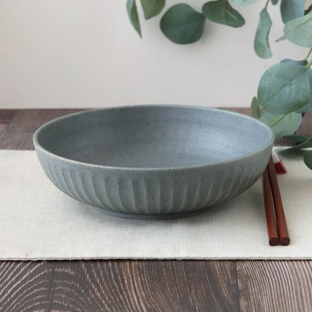 【Just Home】日本製霜釉條紋陶瓷8吋湯盤-霜藍(可微波 900ml 盤 湯盤 深盤 碗盤 魚盤)