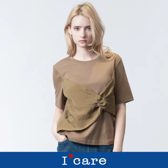 【I’Care 依卡】現貨-造型打結假兩件層次T恤 - 2色（F）｜女短袖T恤 假兩件上衣 女休閒上衣(607-12101)