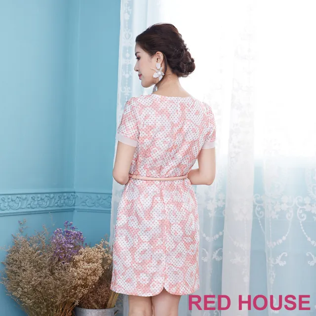 【RED HOUSE 蕾赫斯】透膚剪接花朵點點洋裝-不含腰帶(粉橘色)