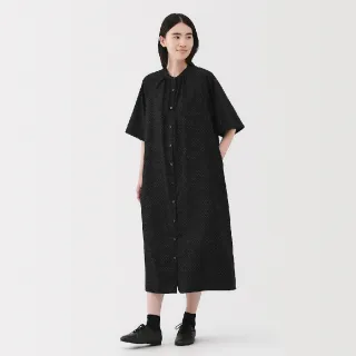 【MUJI 無印良品】女柔滑萊賽爾混五分袖洋裝(黑色/灰白/黑紋樣)