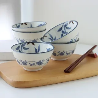 【Just Home】日本製藍染金石榴4.7吋陶瓷飯碗-5件組(300ml 碗 飯碗 中式碗 瓷碗 碗盤)