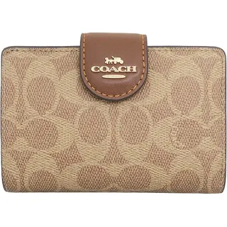 【COACH】焦糖咖啡X摩卡卡其PVC滿版LOGO寬版釦式零錢袋中夾