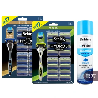 【Schick 舒適牌】水次元5 Premium 痘痘敏感肌/保濕款刮鬍組(1刀把17刀片+保濕型刮鬍露198g)