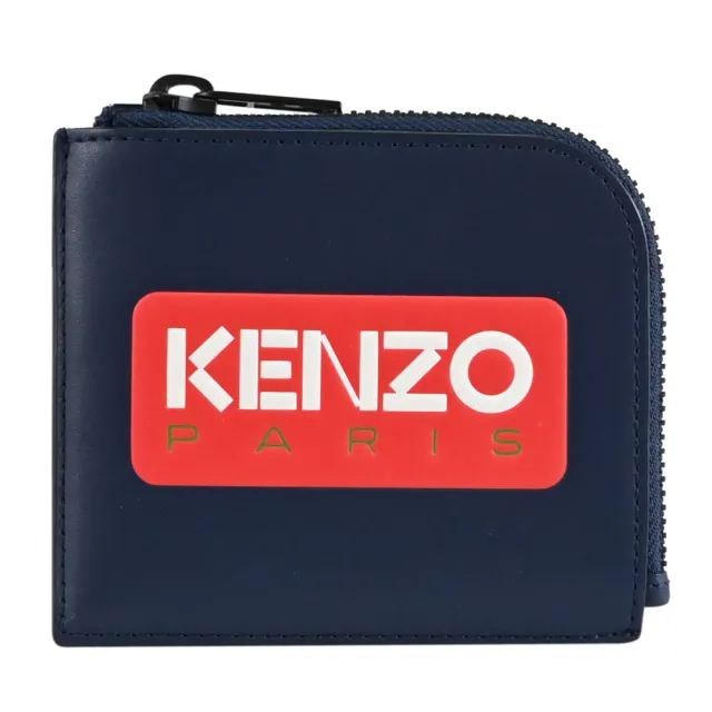 【KENZO】品牌壓印LOGO皮革L型拉鍊鈔票零錢包(深藍)