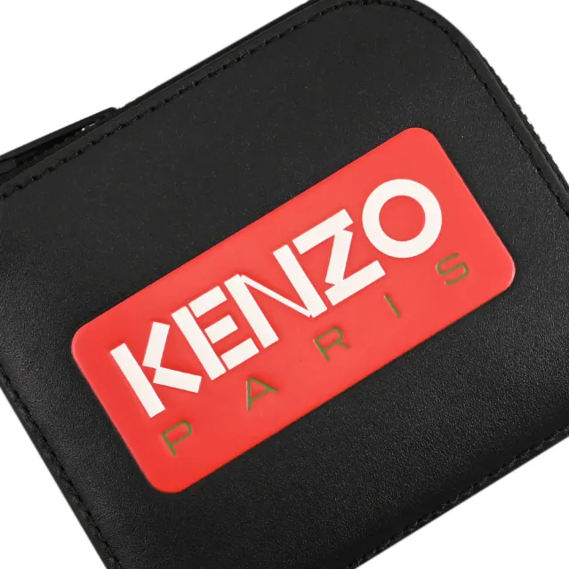 【KENZO】品牌壓印LOGO皮革L型拉鍊鈔票零錢包(黑)