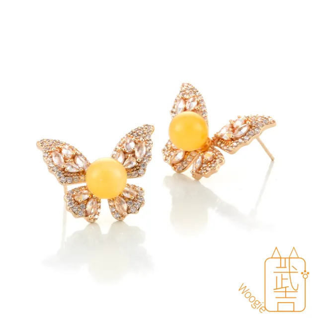 【Woogie武吉珠寶】琥珀蜜蠟水鑽蜜蠟耳環(水鑽蝴蝶8mm)