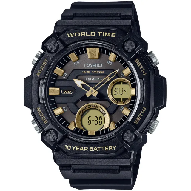 【CASIO 卡西歐】交換禮物 10年電力 冒險精神 計時雙顯錶-黑x金 開學禮 送禮 推薦(AEQ-120W-9AV)