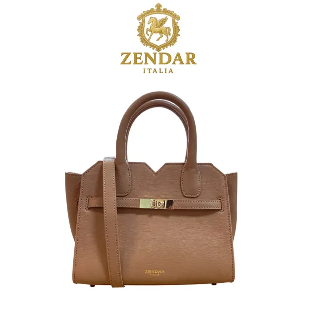【ZENDAR】限量1折 頂級小牛皮十字紋手提包肩背包 娜塔莉系列 全新專櫃展示品(琥珀色 25號)
