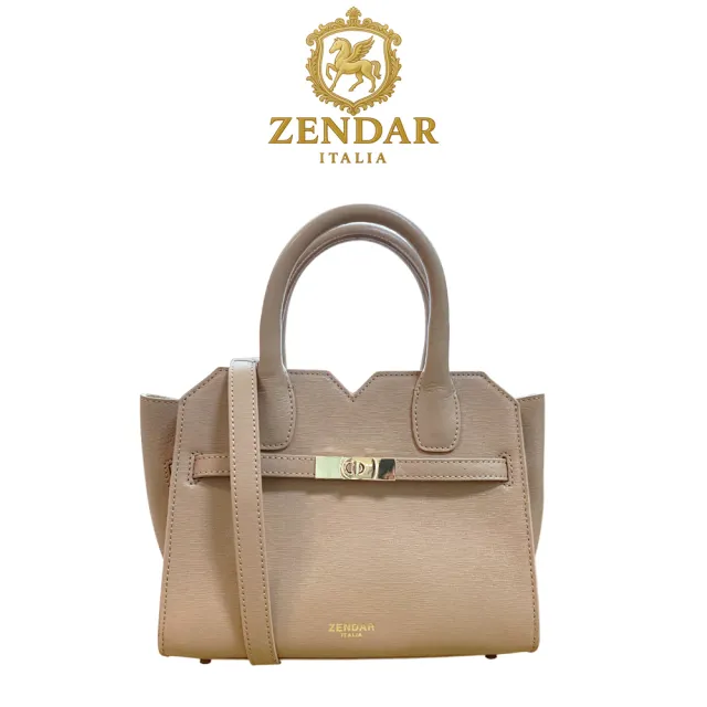 【ZENDAR】限量1折 頂級小牛皮十字紋手提包肩背包 娜塔莉系列 全新專櫃展示品(杏色 25號)