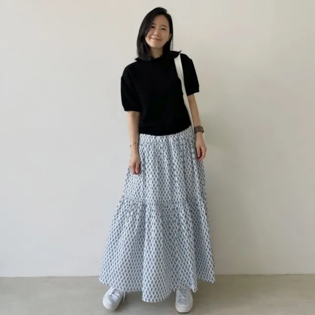 【baibeauty 白鳥麗子】日系撞色菱格高腰鬆緊蛋糕長裙