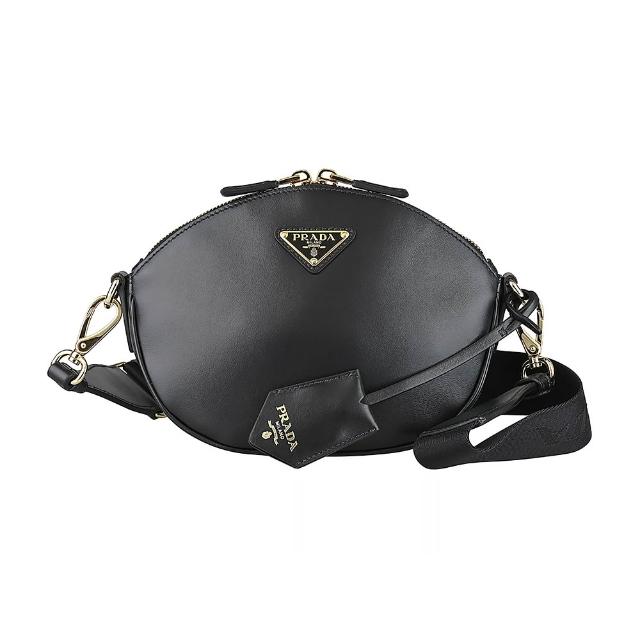 【PRADA 普拉達】PRADA 金字三角鐵牌LOGO小牛皮拉鍊斜背包(迷你/黑)