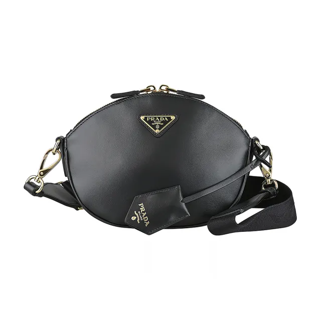 【PRADA 普拉達】PRADA 金字三角鐵牌LOGO小牛皮拉鍊斜背包(迷你/黑)