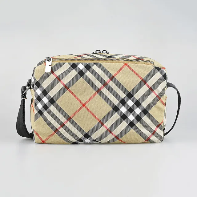【BURBERRY 巴寶莉】BURBERRY 戰馬拼布LOGO格紋帆布雙拉鍊斜背包(淺褐)