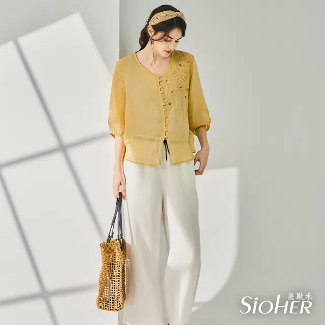 【SiOHER 熹歐禾】現貨 高訂款100%亞麻精繡璀璨上衣兩件組(女裝/女上衣/V領上衣)