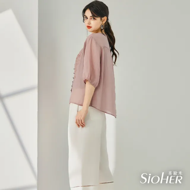 【SiOHER 熹歐禾】現貨 高訂款100%亞麻精繡璀璨上衣兩件組(女裝/女上衣/V領上衣)
