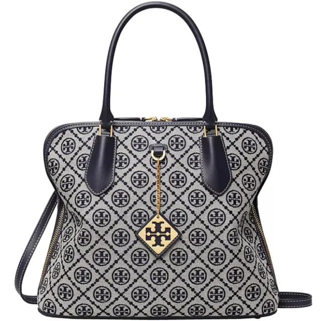 【TORY BURCH】專櫃款海軍藍織紋布經典LOGO大款手提斜背搖擺包