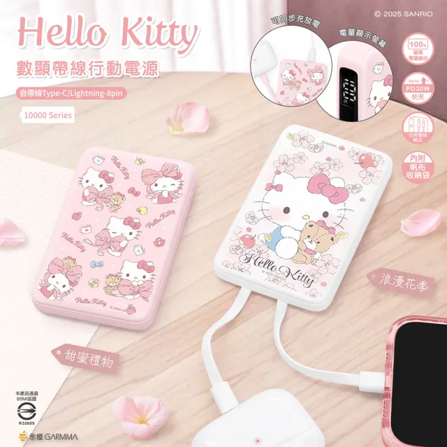 【GARMMA】三麗鷗家族 數顯帶線行動電源 IK-7CDW13 10000mAh 雙孔輸出/帶線行動電源 38.5Wh(自帶線)