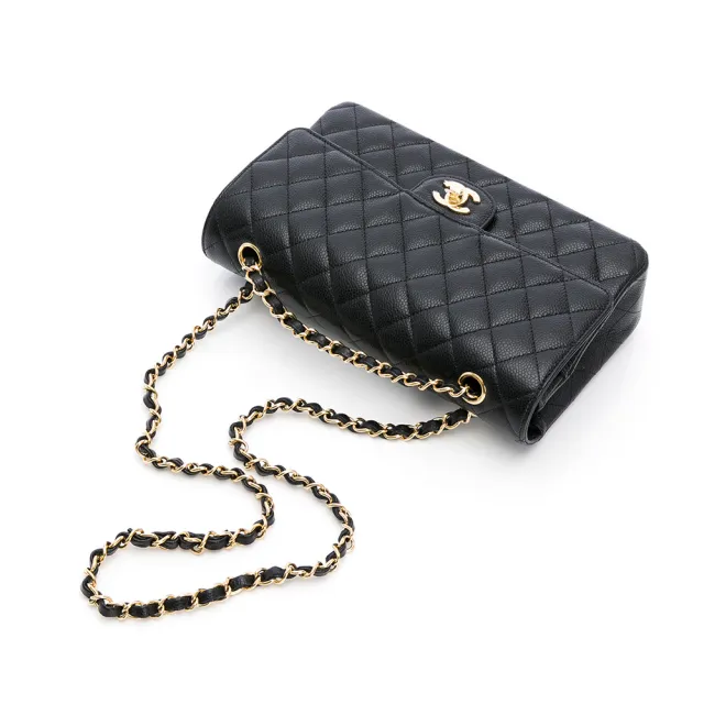 【CHANEL 香奈兒】Classic Flap bag Medium粒面/中型菱格/金黑雙色鏈帶-25cm(黑)