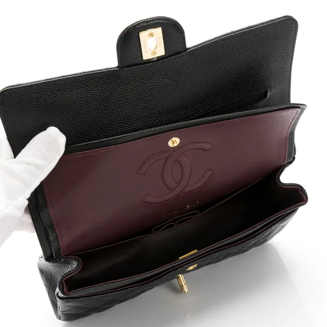 【CHANEL 香奈兒】Classic Flap bag Medium粒面/中型菱格/金黑雙色鏈帶-25cm(黑)