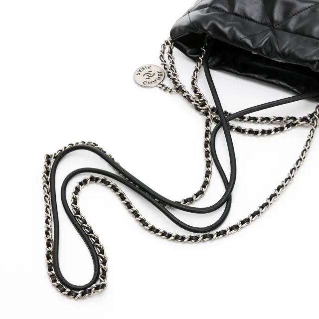【CHANEL 香奈兒】22 Mini Bag 仿舊銀色金屬logo菱格縫線小牛皮斜背包/肩背包(黑/銀)『entrupy安心購』