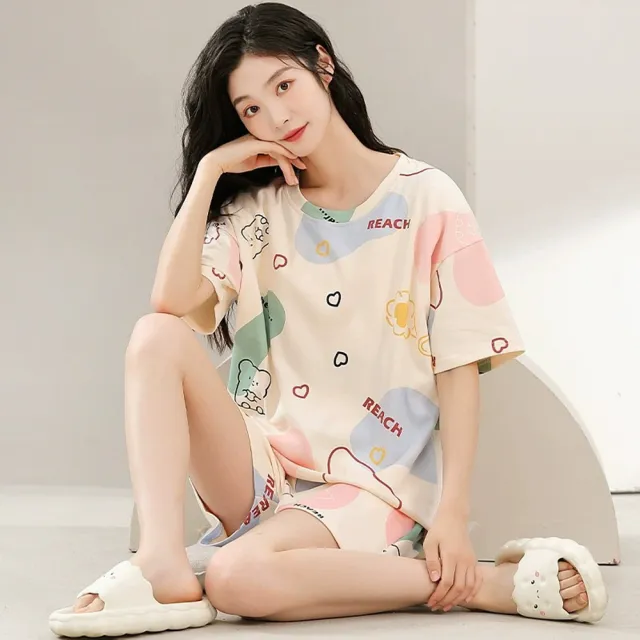 【Chic Chic 琪琪】1套組-可愛俏皮印花帶胸墊居家服-多款可選(睡衣套裝/短袖長褲/春夏睡衣/睡裙/居家套裝)