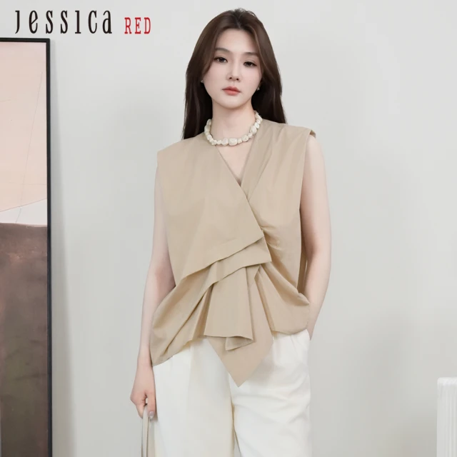 【Jessica Red】氣質設計感皺褶V領無袖襯衫上衣R53301（卡其）