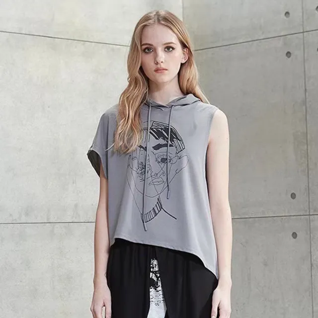 【ICHE 衣哲】Cop.Copine 法國原裝進口手繪插畫感不對稱無袖背心造型上衣