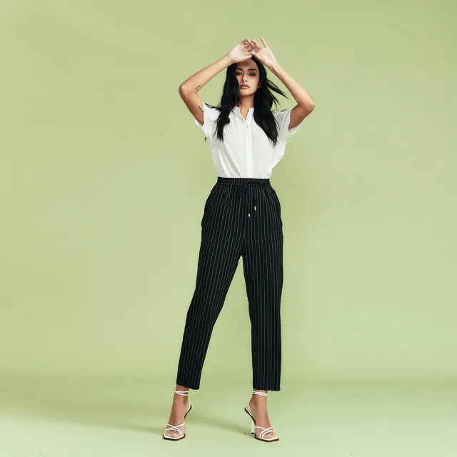 【ICHE 衣哲】Cop.Copine 法國原裝進口簡約經點直條紋鬆緊腰造型長褲