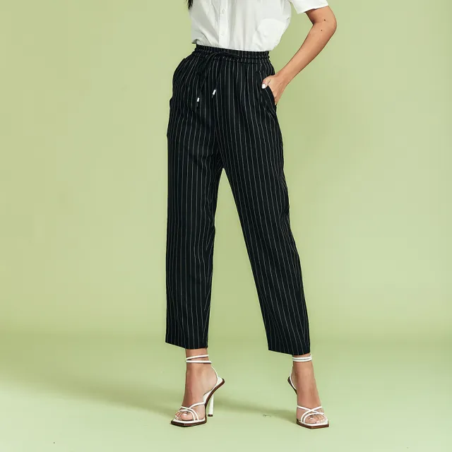 【ICHE 衣哲】Cop.Copine 法國原裝進口簡約經點直條紋鬆緊腰造型長褲