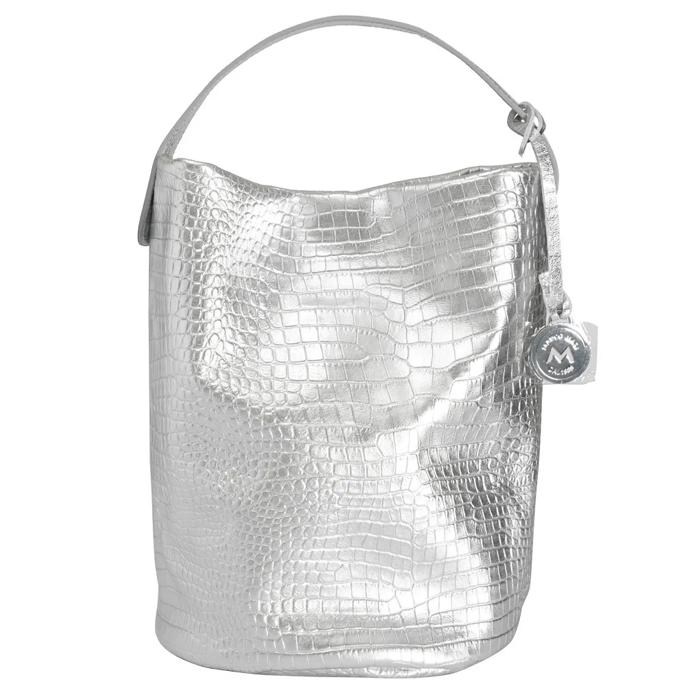 【Marco Masi Milano】義大利手工真皮包包 小牛皮鱷魚壓紋銀色水桶包(肩背兩用包 冰河銀)