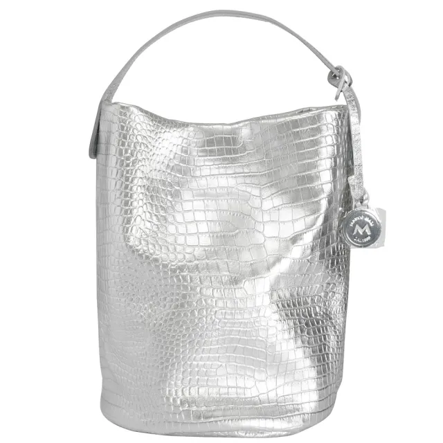 【Marco Masi Milano】義大利手工真皮包包 小牛皮鱷魚壓紋銀色水桶包(肩背兩用包 冰河銀)