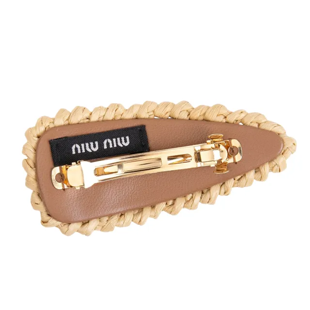 【MIU MIU】MIU MIU 金屬LOGO草編髮夾-福利品(米色)