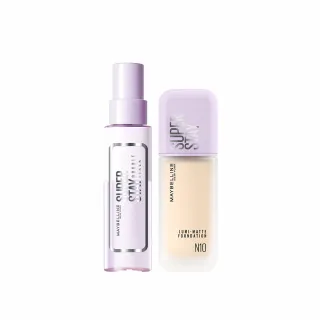 【MAYBELLINE 媚比琳】定妝噴霧x裸霧肌粉底 裸霧光持久水粉底+超持久極細雙效定妝噴霧(小方胖)