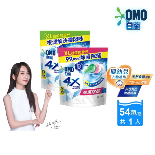 【白蘭】4X極淨酵素抗病毒洗衣球補充包 54顆/袋(除菌除蟎/室內晾曬 嬰幼兒適用)