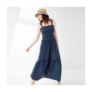 【Le Polka】縮褶收腰吊帶洋裝-女