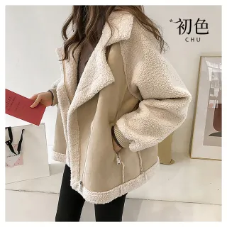 【初色】撞色顆粒絨仿麂皮羊羔絨拉鍊扣子西裝領長袖夾克機車服女外套-共2款4色-39152(M-4XL可選/快速出貨)