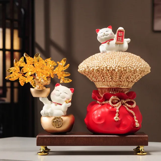 【LEZUN 樂尊】家用大麥招財貓擺件+搖錢樹招財貓+木板 30*18*31cm(玄關裝飾品 桌上擺飾)