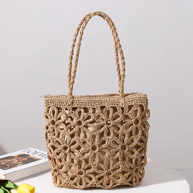 【米蘭精品】現貨+預購 女草編包手提包渡假單肩側背包大容量藤編織包包(復古鏤空花朵3色t1ly46)