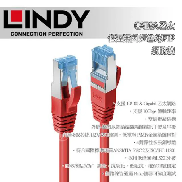 【LINDY 林帝】LINDY 林帝 CAT.6A 乙太 低煙無鹵 網路線 S/FTP 紅色 1m 47162