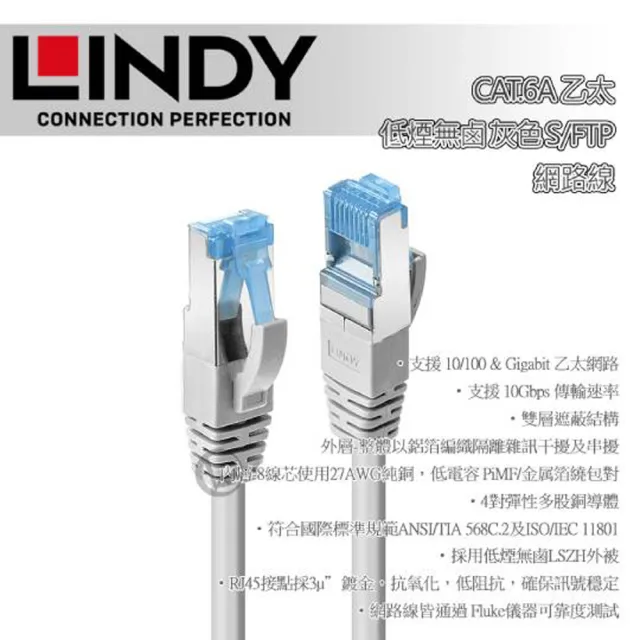 【LINDY 林帝】LINDY 林帝 CAT.6A 乙太 低煙無鹵 網路線 S/FTP 灰色 0.3m 47130