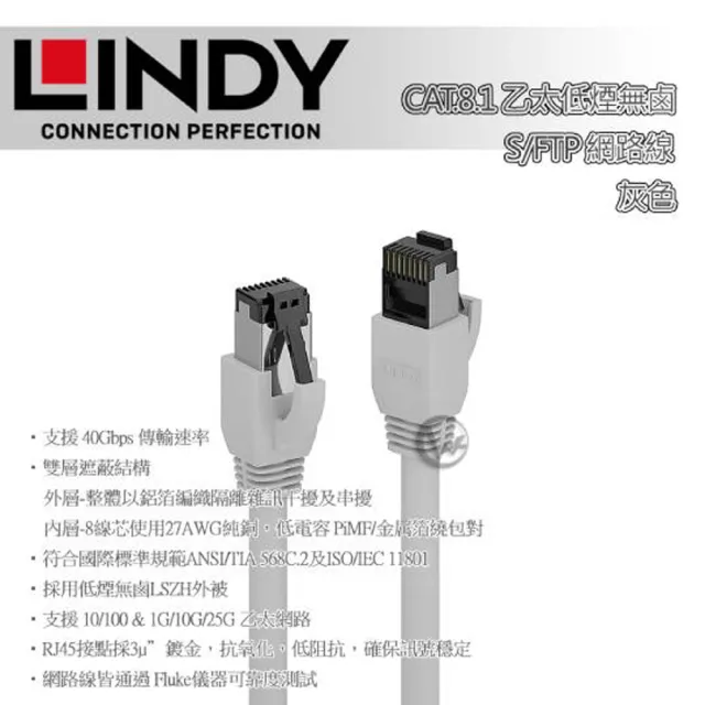 【LINDY 林帝】LINDY 林帝 CAT.8.1 乙太 低煙無鹵 網路線 S/FTP 灰色 0.3m 47440