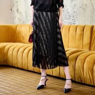 【MYVEGA 麥雪爾】鬆緊腰斜線條百褶長裙-黑