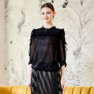 【MYVEGA 麥雪爾】微透膚荷葉領蕾絲亮片上衣-黑(通勤風)