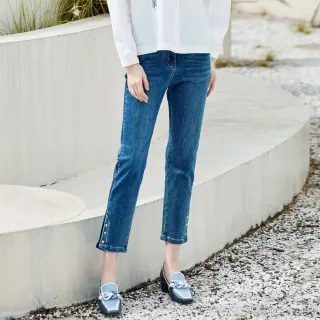 【MYVEGA 麥雪爾】高含棉燙鑽刷色九分窄管丹寧牛仔褲-藍