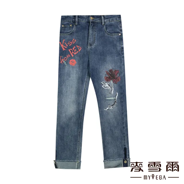 【MYVEGA 麥雪爾】字母印花反摺褲管刷色丹寧牛仔褲-藍