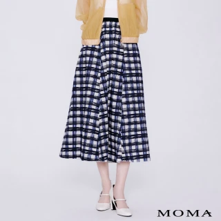 【MOMA】撞色格紋線條感純棉荷葉邊長圓裙(黑底花布)