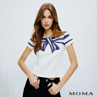 【MOMA】手刷感丹寧大蝴蝶結船領微短版上衣(白色)