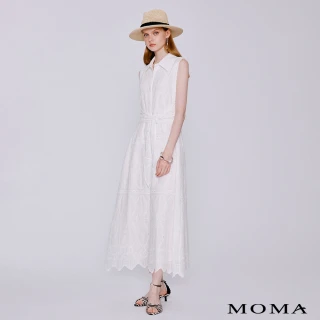 【MOMA】巴洛克純棉蕾絲雕花綁帶長洋裝(白色)