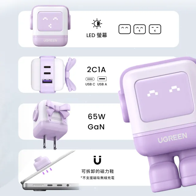 【綠聯】綠聯 小機器人 65W 2C1A GaN充電器 粉紫色(momo獨家優惠組合)